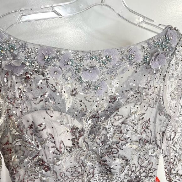 Mac Duggal 67498 Floral Embroidered Illusion Long Sleeve Gown, Sterling, Size 12 - Picture 5 of 11
